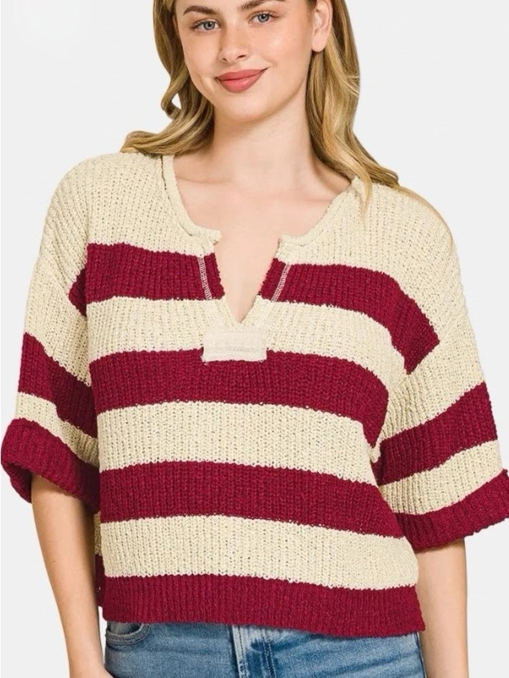 Zenana Outfitters Striped Notch V-Neck Sweater - Cream & Burgundy